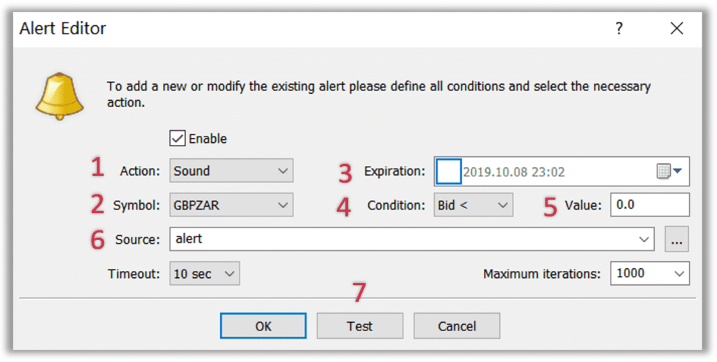 MT4 alert editor window