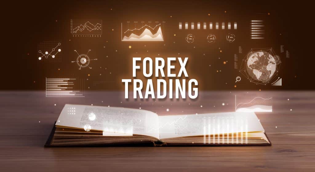 What is FOREX TRADING inscription coming out from an open book, creative business concept